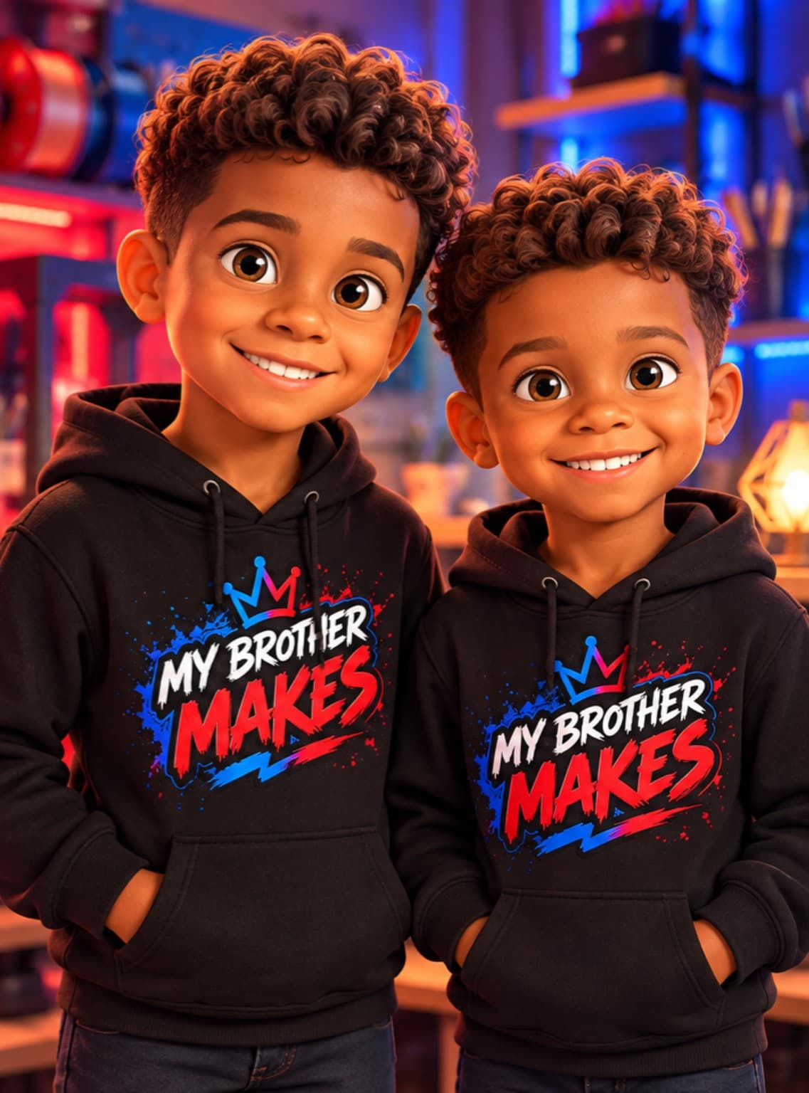 Cartoon of the two brothers behind My Brother Makes